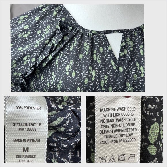 Beacon Apparel Black Green Floral Blouse Sz M 3/4 Sleeves Keyhole Flowy Fairy - Picture 8 of 12